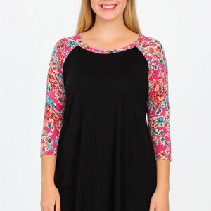 Paisley‎ Grace Black Raglan Sleeve Tunic Top Floral 3/4 Sleeve Women Large